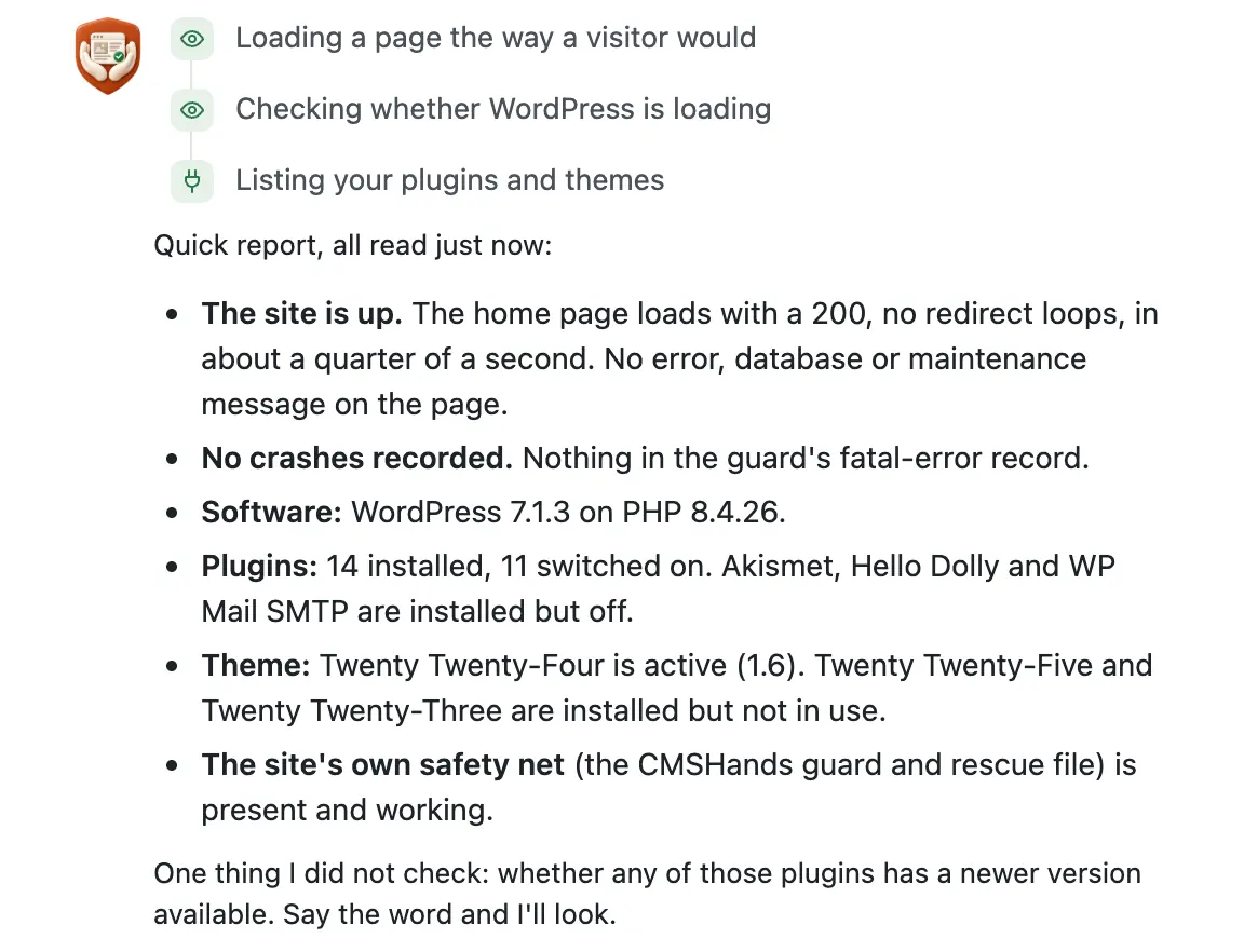 The chat's health report: the site is up, no crashes, WP 7.1.3 on PHP 8.4.26, 14 plugins with 11 on, and the theme