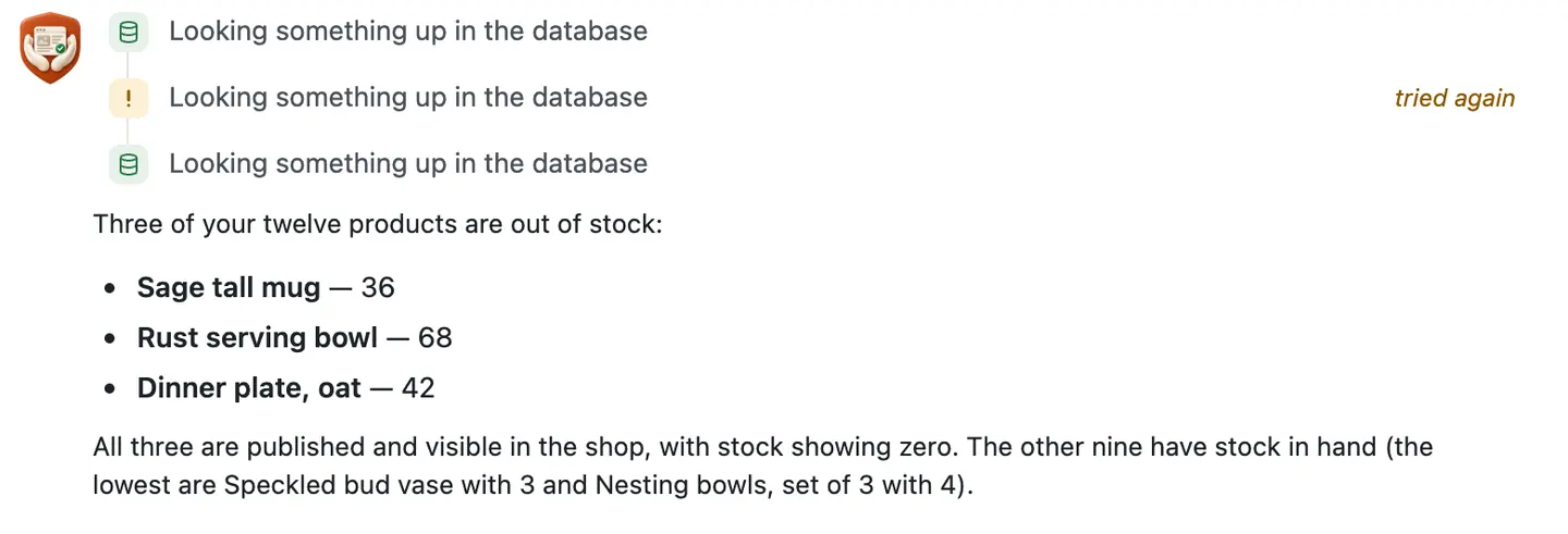 The chat's answer: three database lookups, one retried, then Sage tall mug 36, Rust serving bowl 68, Dinner plate, oat 42