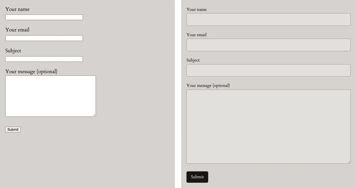 The live contact form before the change, with narrow plain boxes, and right after, with full-width rounded fields