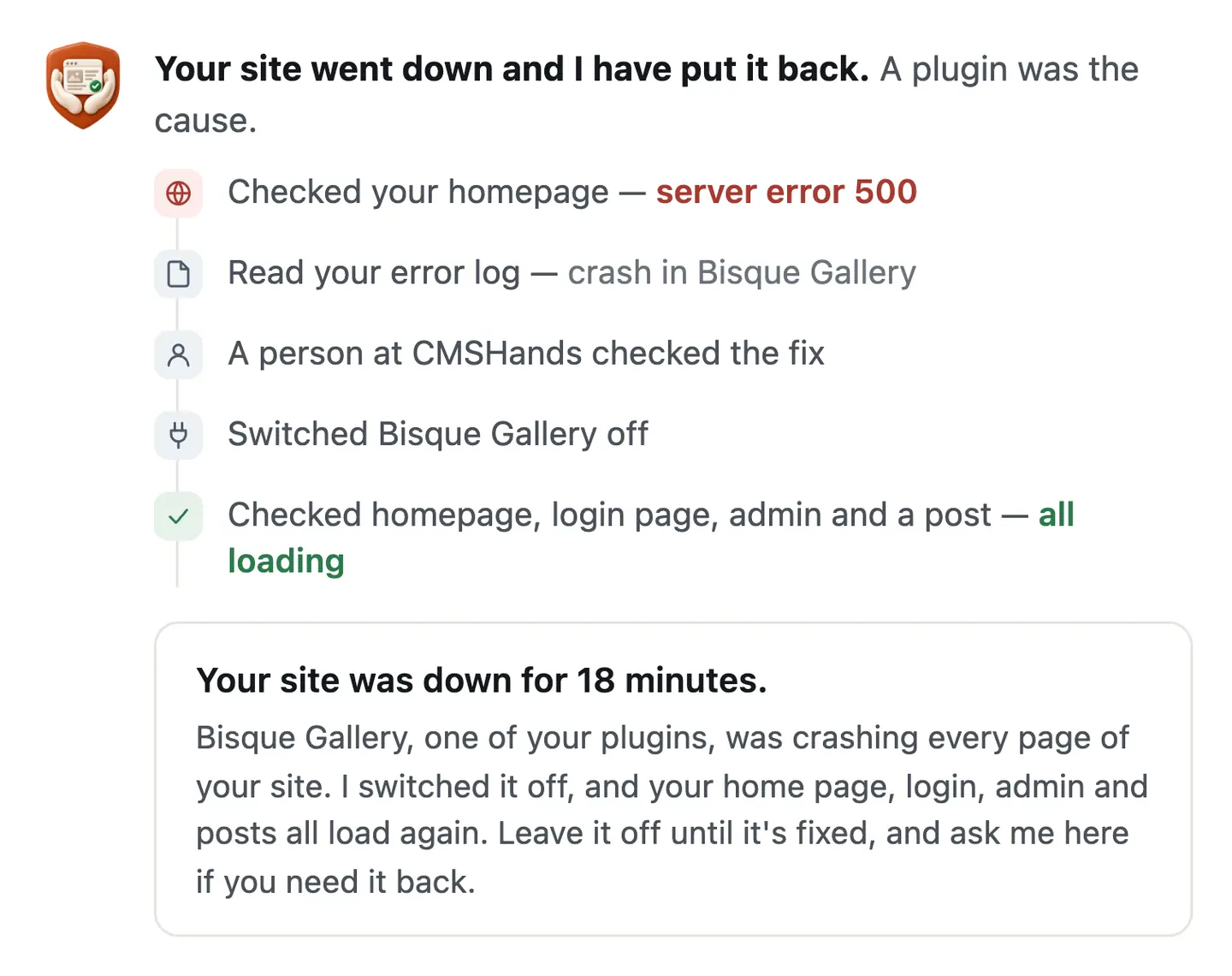 The closed card: Your site went down and I have put it back, the steps it took, and a note on what broke